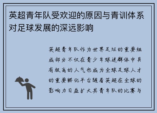英超青年队受欢迎的原因与青训体系对足球发展的深远影响