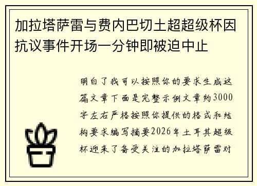 加拉塔萨雷与费内巴切土超超级杯因抗议事件开场一分钟即被迫中止 加拉塔萨雷与费内巴切土超超级杯因抗议事件开场一分钟即被迫中止
