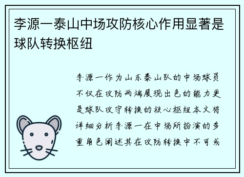 李源一泰山中场攻防核心作用显著是球队转换枢纽 李源一泰山中场攻防核心作用显著是球队转换枢纽