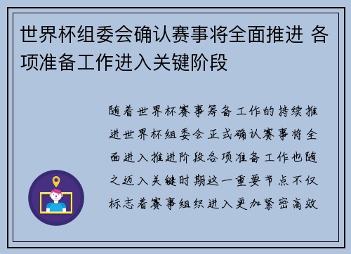 世界杯组委会确认赛事将全面推进 各项准备工作进入关键阶段
