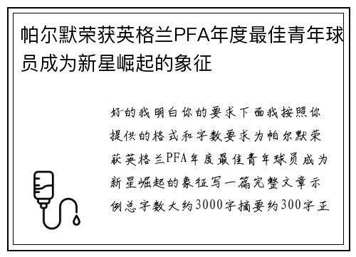 帕尔默荣获英格兰PFA年度最佳青年球员成为新星崛起的象征